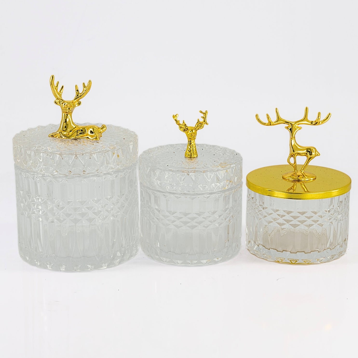 Facetted Glass Jars With Gold Metal Reindeer Lid
