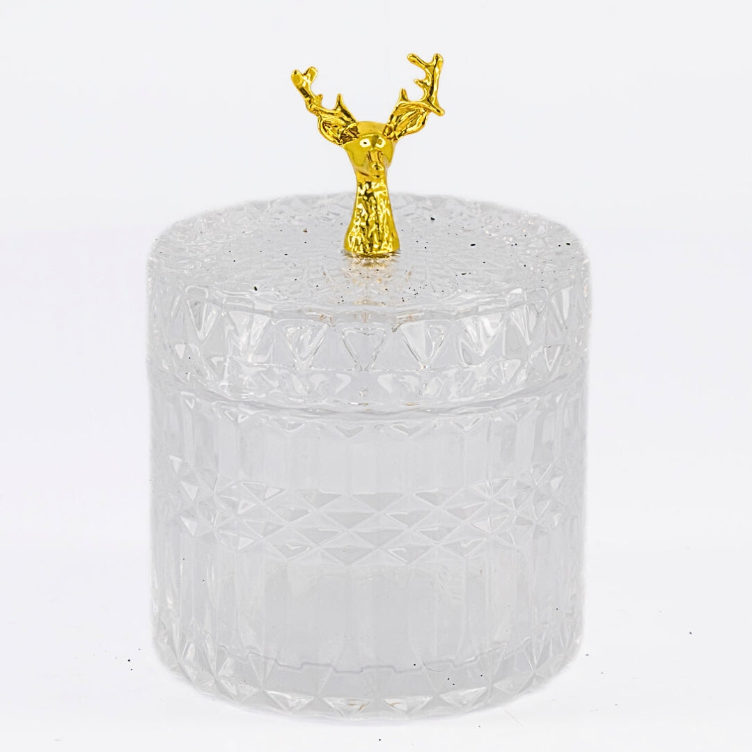 Facetted Glass Jars With Gold Metal Reindeer Lid