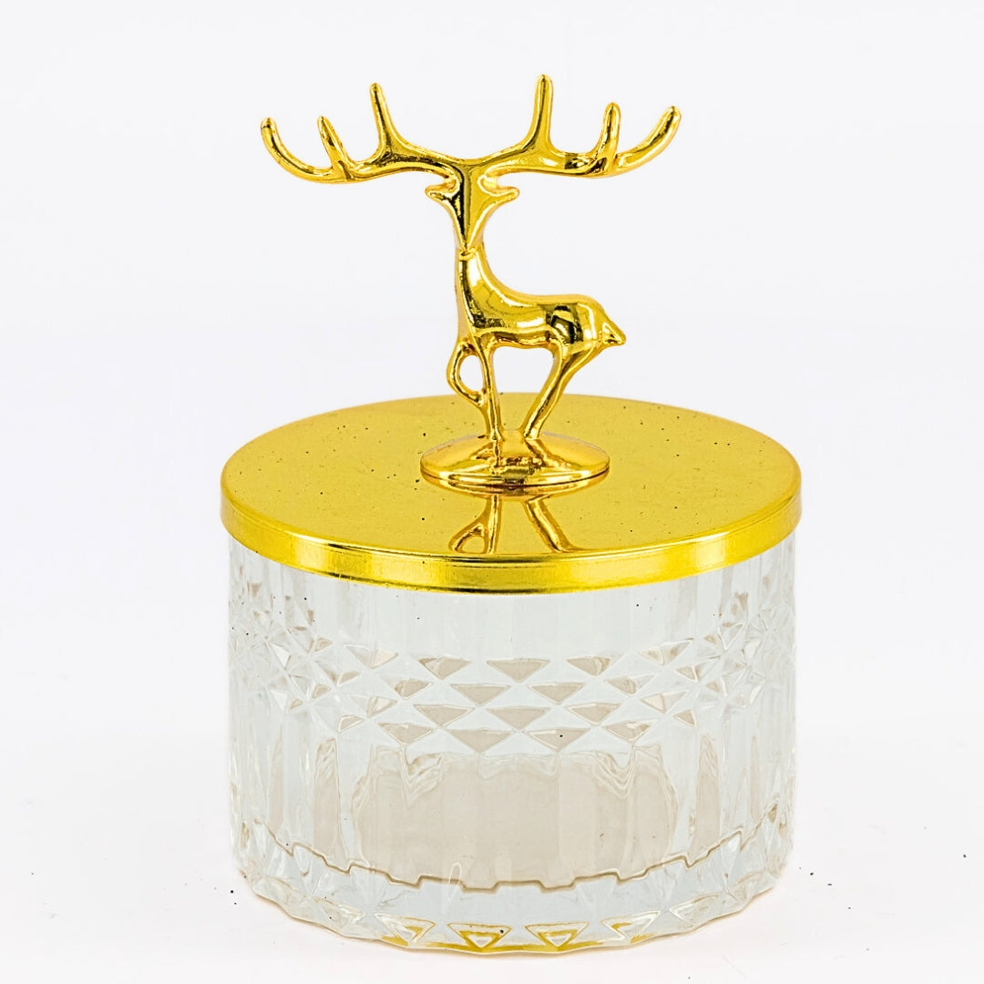 Facetted Glass Jars With Gold Metal Reindeer Lid