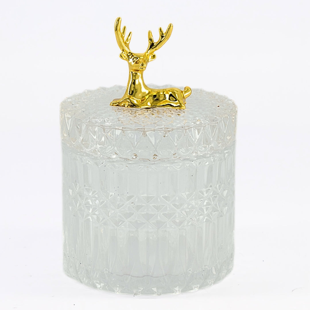 Facetted Glass Jars With Gold Metal Reindeer Lid