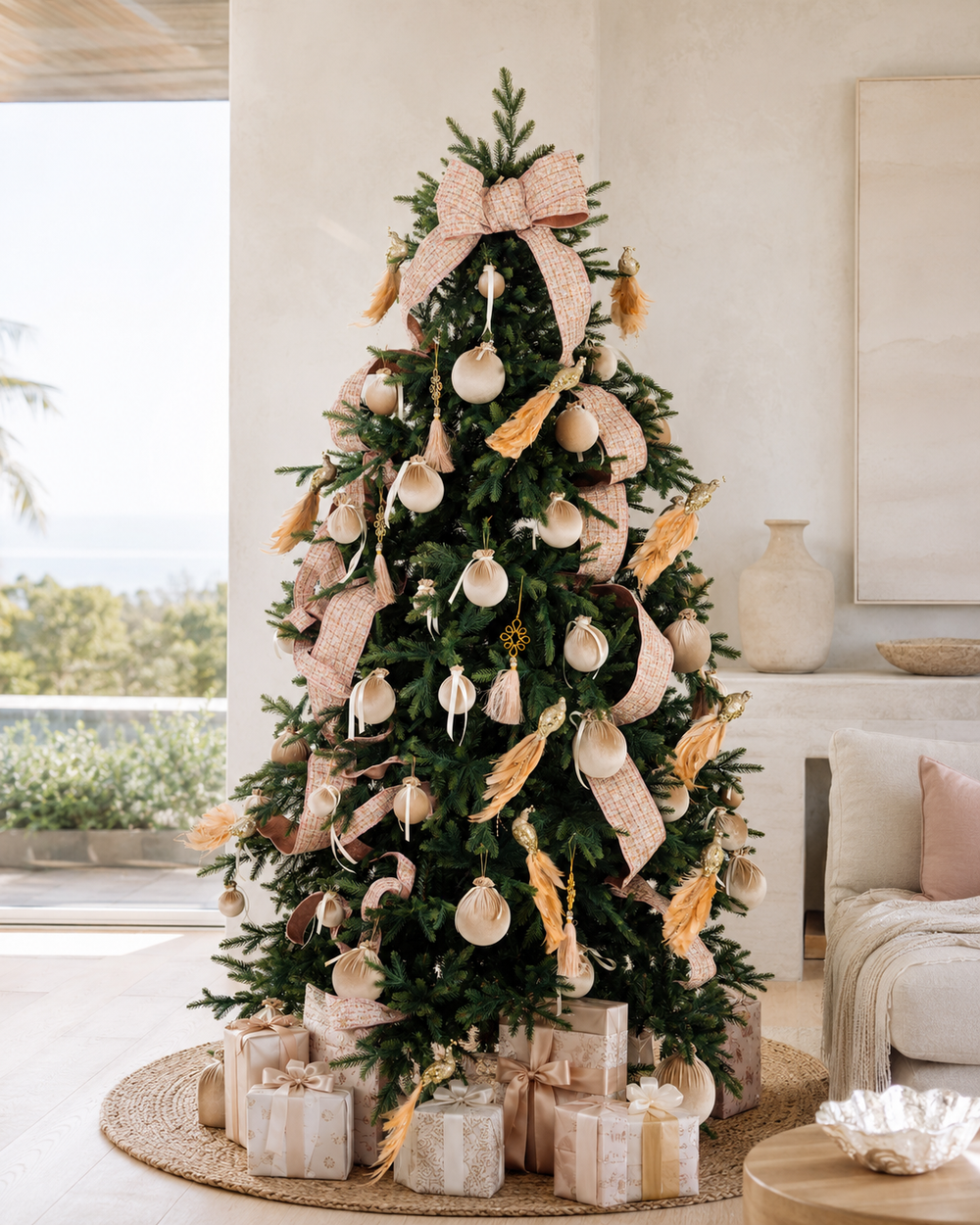 Custom Christmas tree hire style inspiration with florals birds and handmade decorations