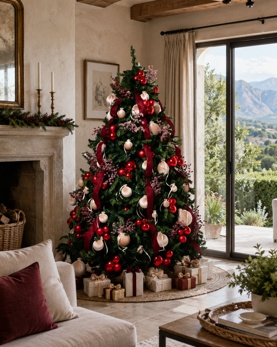 Traditional red and gold Christmas tree hire style inspiration