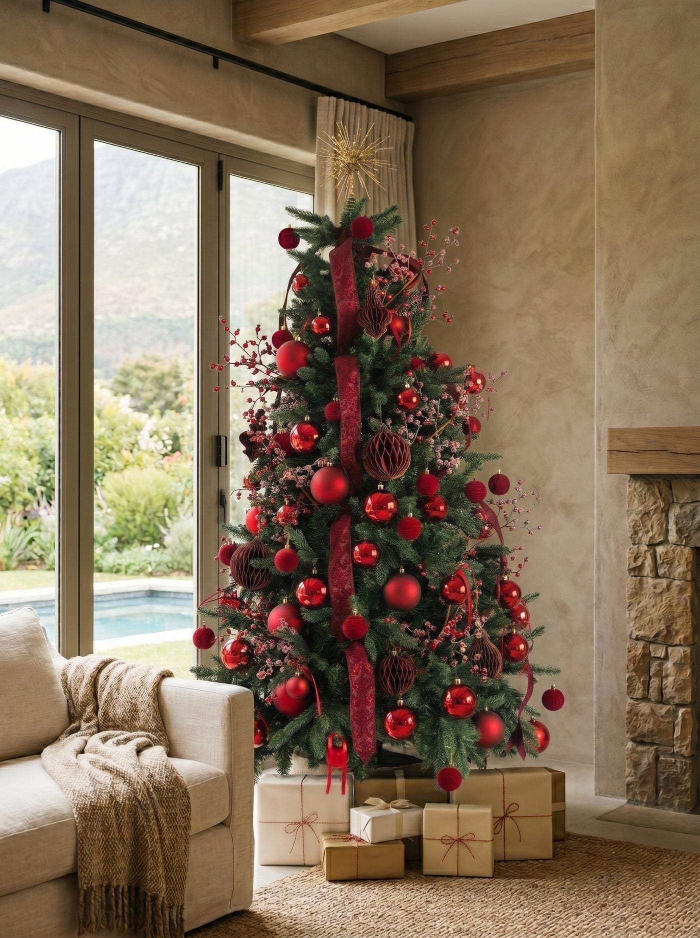 Traditional red and gold Christmas tree hire style inspiration