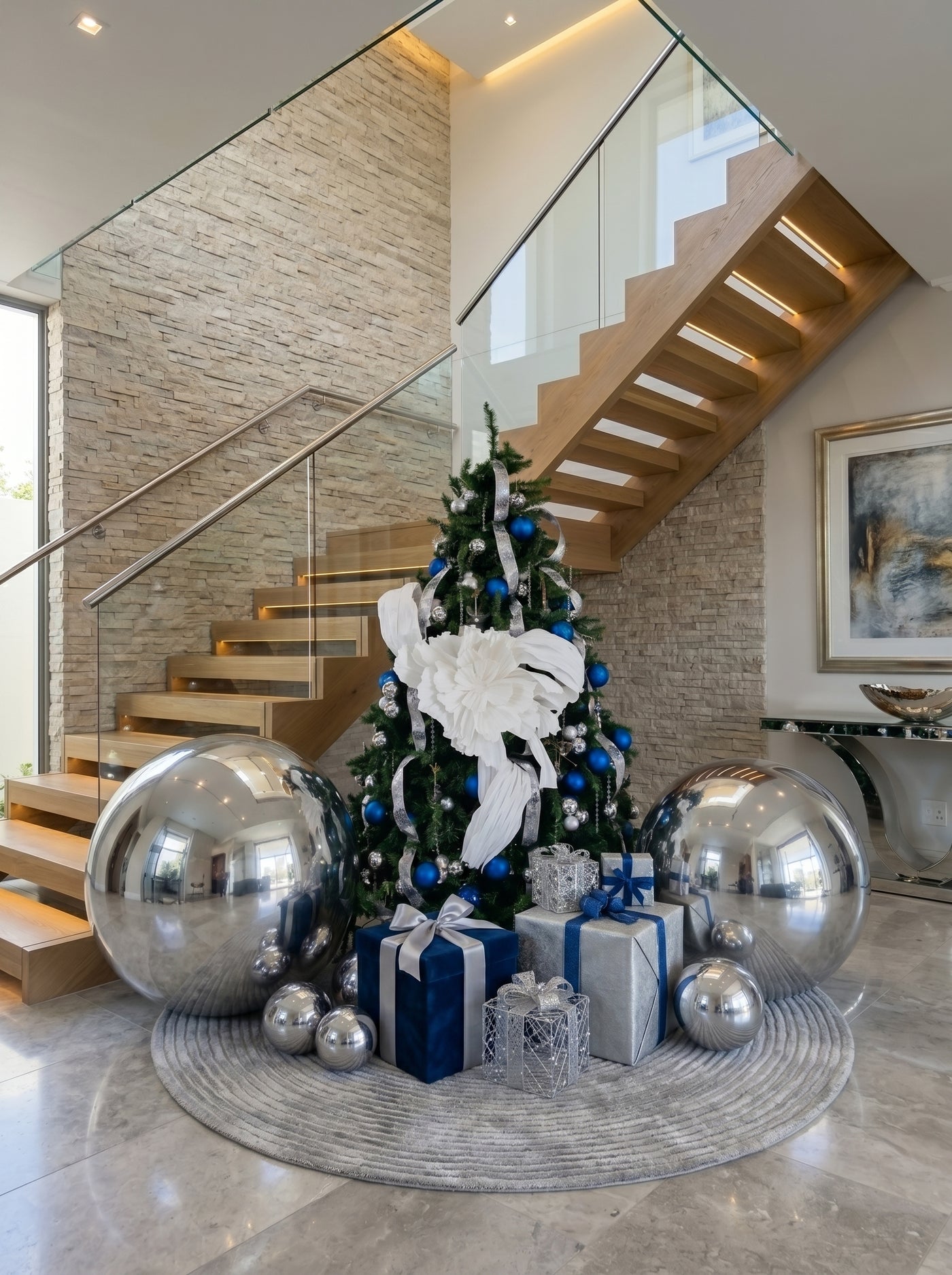 Modern non-traditional Christmas tree hire style inspiration with silver and blue decor
